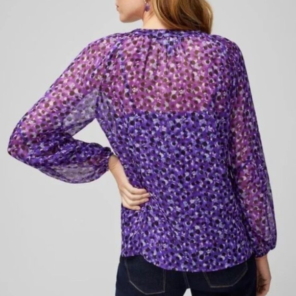 White House Black Market Purple & Gold Dot Button Sheer Blouse Women’s XS - Picture 2 of 9